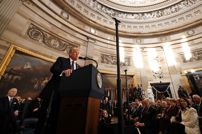 President Donald Trump speaks at his inauguration ceremony in the Rotunda of the U.S. Capitol in Washington, D.C., on Jan. 20. 2025.