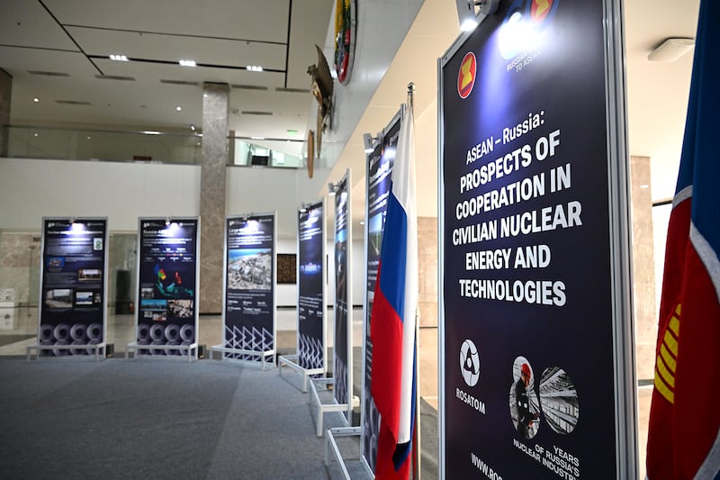 A billboard at the 21st ASEAN-Russia Senior Officials’ Meeting notes potential cooperation opportunities in civilian nuclear energy and technologies between Russia and member-states of the Association of Southeast Asian Nations, in Jakarta, Feb, 19, 2025