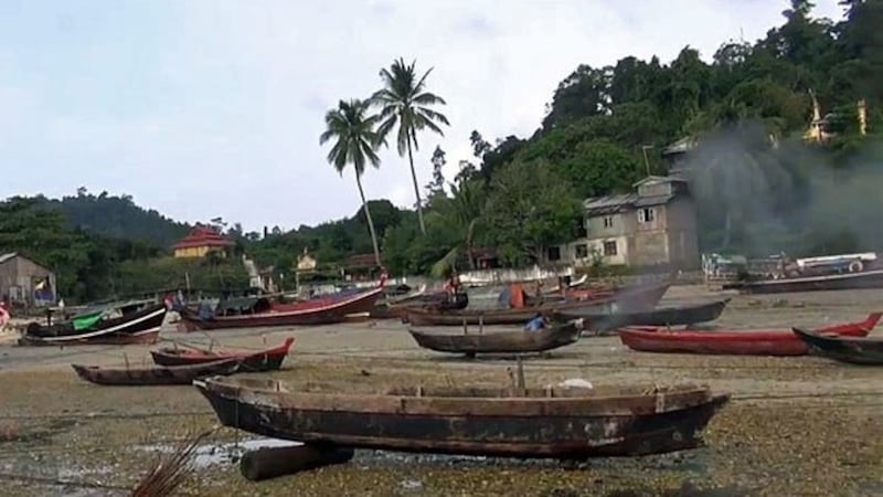 Fishing boats belonging to ethnic Salones sit on the shore of an island in the Mergui Archipelago in southern Myanmar's Tanintharyi region, May 2019.