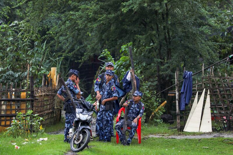 Myanmar soldiers stand guard in Maungdaw, Rakhine state, July 9, 2019. (Ann Wang/Reuters)