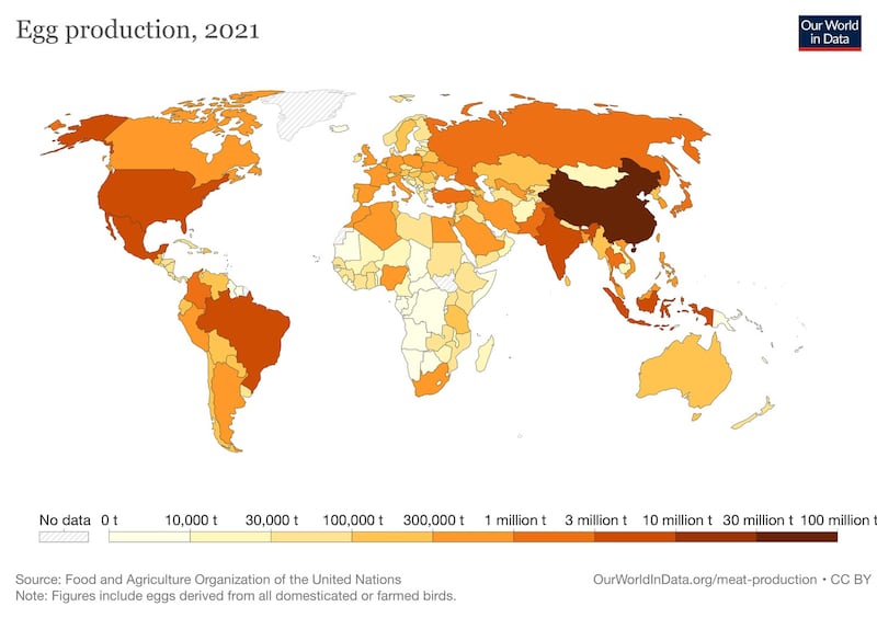 全球超过6成鸡蛋产自亚洲，中国是最大生产国，鸡蛋背后牵涉复杂的环境问题。（图片来源：Our World in Data）