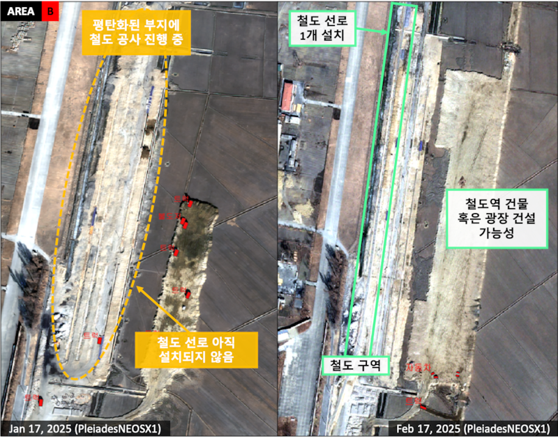 SI 애널리틱스(SI Analytics)가 제공한 2025년 1월 17일(왼), 2025년 2월 17일(오) 촬영된 위성영상. 다수의 철도 선로 및 철도역 건물이 들어설 것으로 보이는 지역의 공사가 진행 중이다.