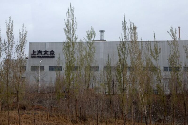 A SAIC Volkswagen plant is seen in the outskirts of Urumqi, capital of northwestern China's Xinjiang Uyghur Autonomous Region, April 22, 2021. (Mark Schiefelbein/AP)