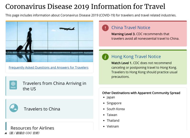 美国CDC将台湾和日、韩、星并列“社区传播”。（美国CDC官网）