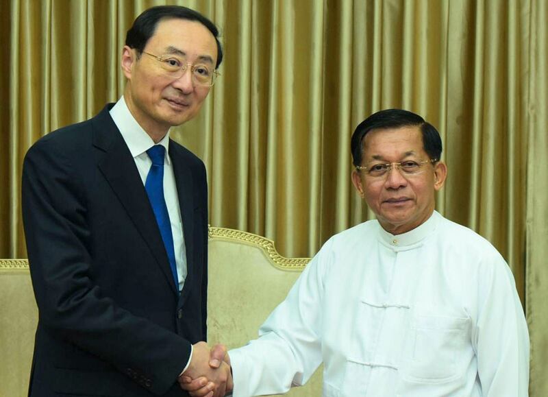 Sun Weidong [left], vice-minister of the Ministry of Foreign Affairs of China, meets Myanmar junta leader Senior Gen. Min Aung Hlaing in Naypyidaw, Jan. 5, 2024. (Myanmar Military)