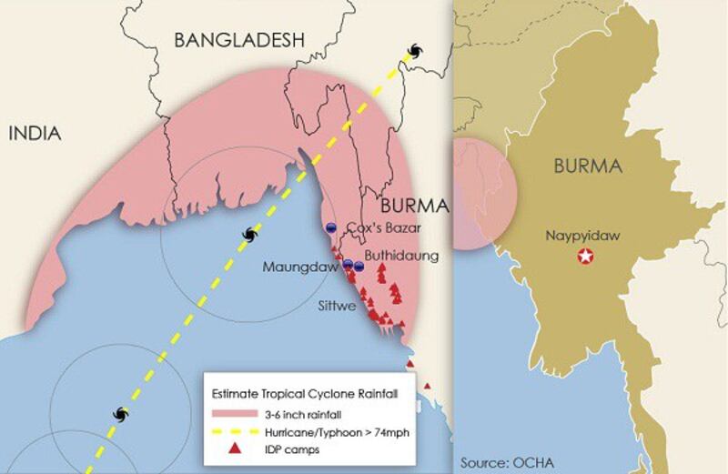 A map of the area expected to be affected by Cyclone Mahasen. 