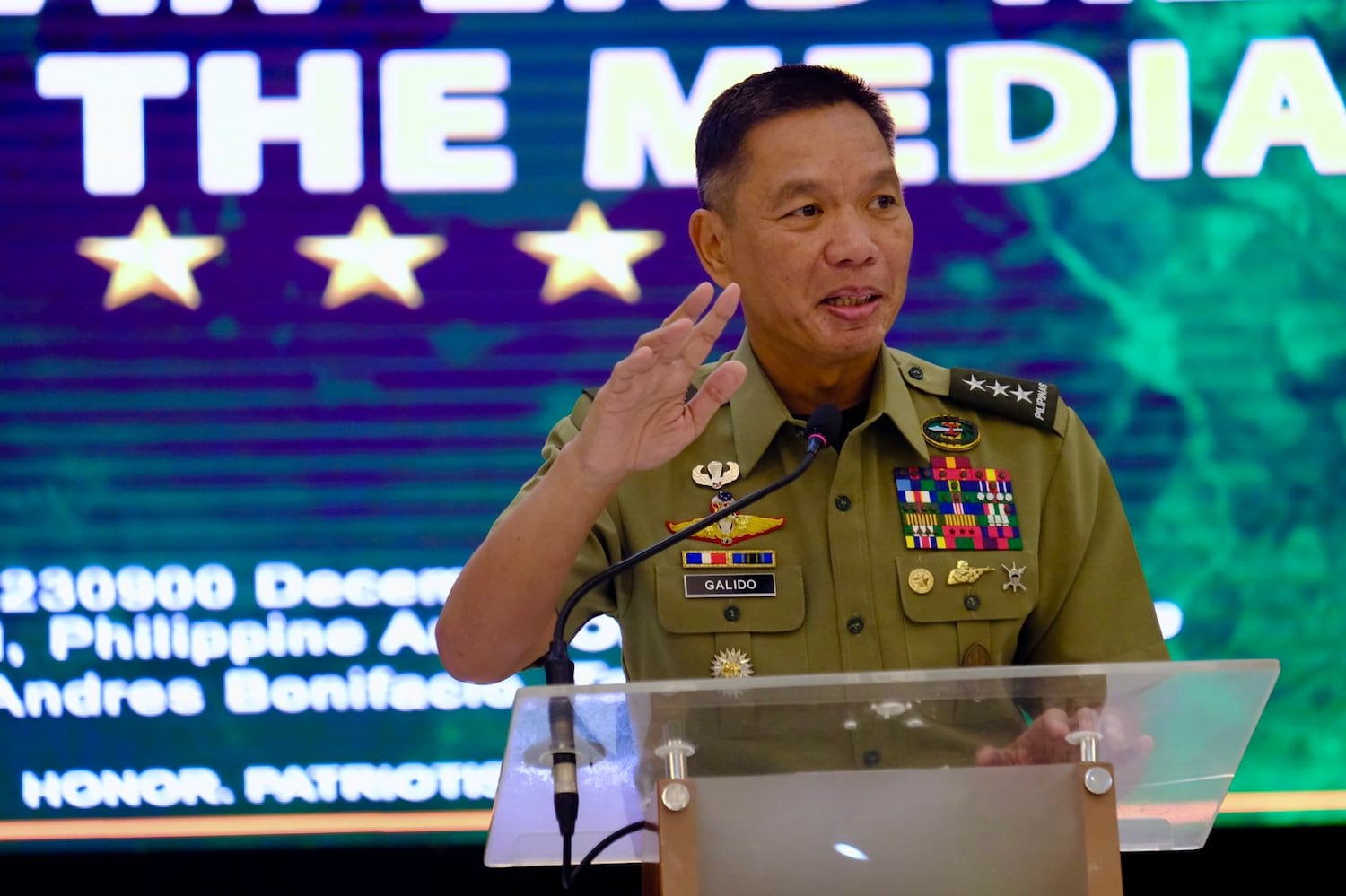 Philippine Army chief Lt. Gen. Roy Galido delivering his year-end report on Dec. 23, 2024, in Manila.