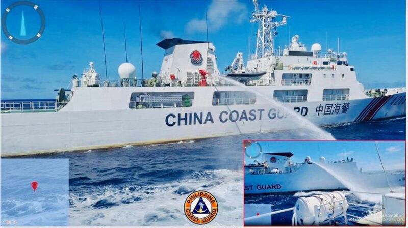 The China Coast Guard allegedly uses a water cannon against Philippine Coast Guard vessels, which were escorting a resupply mission for troops stationed at the Second Thomas Shoal in the South China Sea, August 5, 2023. Credit: Handout via Reuters