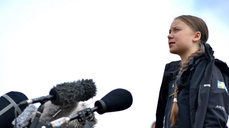 Swedish climate activist Greta Thunberg speaks during a press conference at the Mayflower Marina in Plymouth, southwest England Aug. 14, 2019,