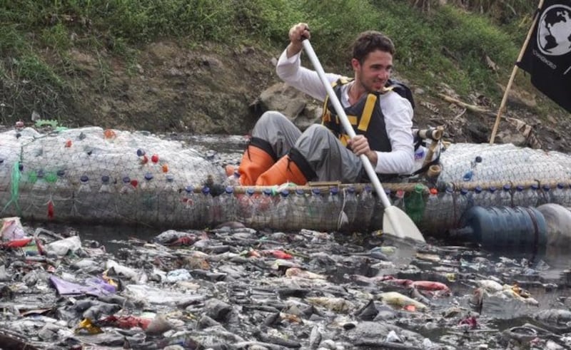 Frenchman Gary Bencheghib paddles the Citarum River in West Java, Indonesia, in a kayak made from discarded plastic bottles, in this undated handout photo provided by the Ramon Magsaysay Award Foundation, Aug. 31, 2022. Credit: Handout