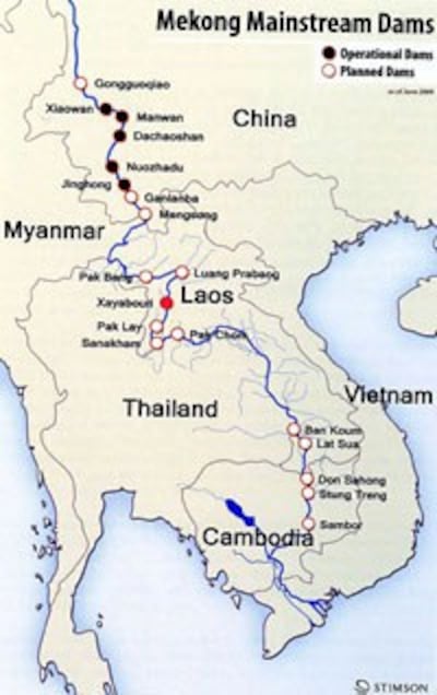 Bản đồ những Con Đập Thủy Điện Dòng chính Sông Mekong. Photo courtesy of Stimson, Mekong Tipping Point. (Hình IV)