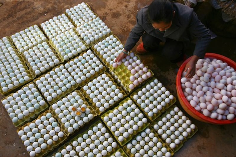 A vendor arranges duck eggs at a market in Kunming, capital of southern China's Yunnan province, on Nov. 16, 2006, after Sudan Red dye and other banned food additives were detected in salted duck eggs. (Reuters)