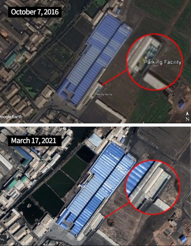 ‘Chaeha Market' in Sinuiju, North Pyongan Province, North Korea. In the photo taken on October 7, 2016 (above), cars were parked in the parking lot, but in the photo taken on March 17, 2021 (below), the parking lot is empty and there is no activity./ Google Earth