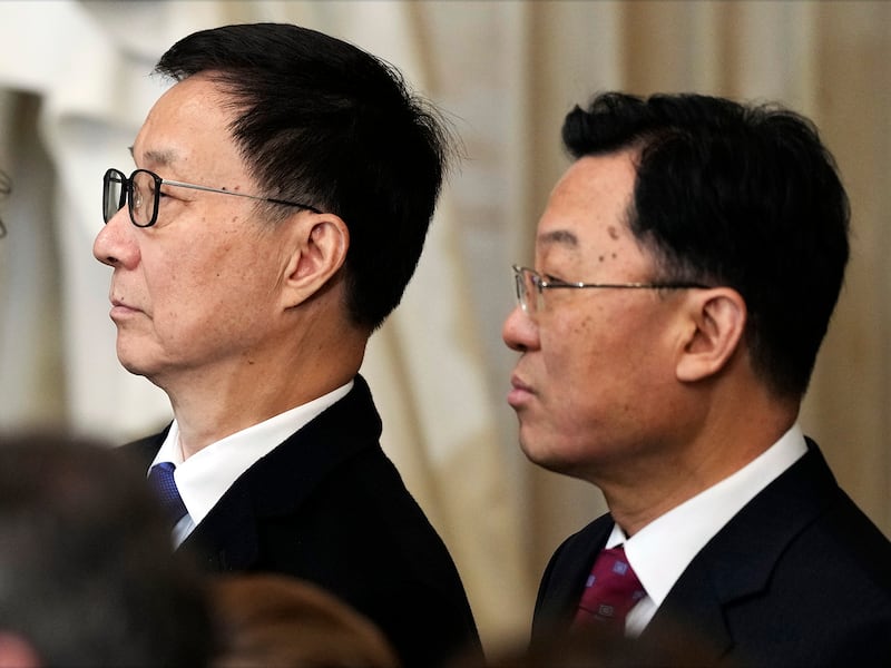 China’s Vice President Han Zheng, left, stands with Xie Feng, China’s Ambassador to the U.S., at the  inauguration of President Trump in the Capitol in Washington, Jan. 20, 2025.