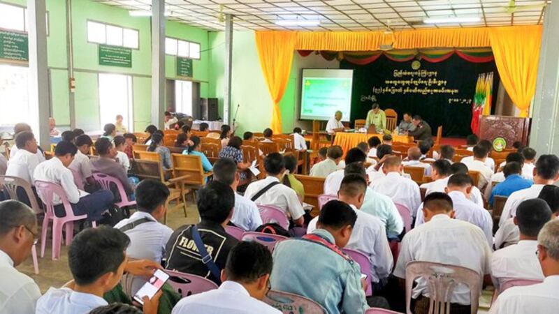 People attend a lecture on the administrative rules of village administration law at the General Administration Department in Mahlaing township, Mandalay region, Myanmar, Feb. 1, 2024. (RFA)