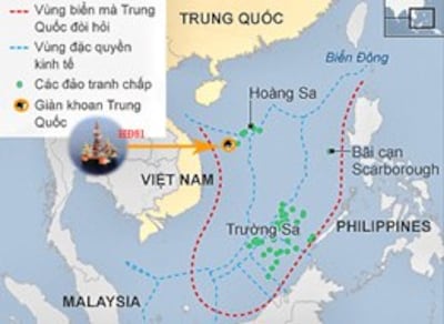 Vị trí của giàn khoan HD 981 trong thềm lục địa của Việt Nam. RFA files:UNCLOS-CIA