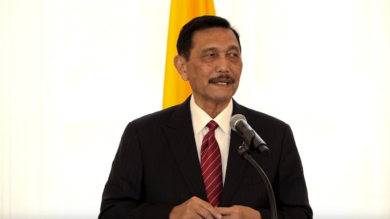 Indonesian Coordinating Minister of Maritime and Investment Affairs Luhut Binsar Pandjaitan speaking at the Catholic University of America in Washington, D.C., Oct. 18, 2021. Credit: BenarNews