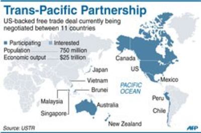 Bản đồ minh họa các nước cùng đàm phán về TPP. AFP 