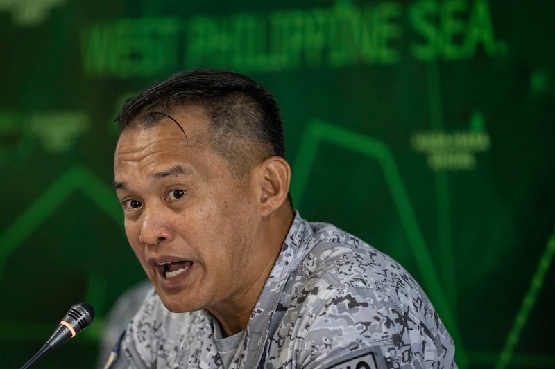 Vice Adm. Alberto Carlos speaks to reporters at the Western Command headquarters in Palawan, Philippines, Aug. 10, 2023. [Eloisa Lopez/Pool via AP]