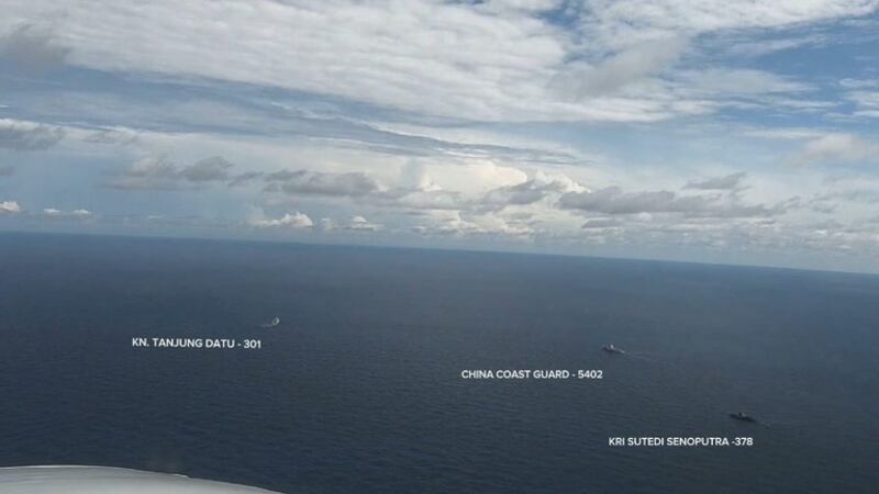 Indonesian Maritime Security Agency (Bakamla) patrol boat KN Tanjung Datu-301 (left) and Indonesian Navy corvette KRI Sutedi Senoputra (right) shadow the China Coast Guard (CCG) 5402 ship to expel it from the North Natuna Sea in Indonesia's exclusive economic zone, Oct. 21, 2024.