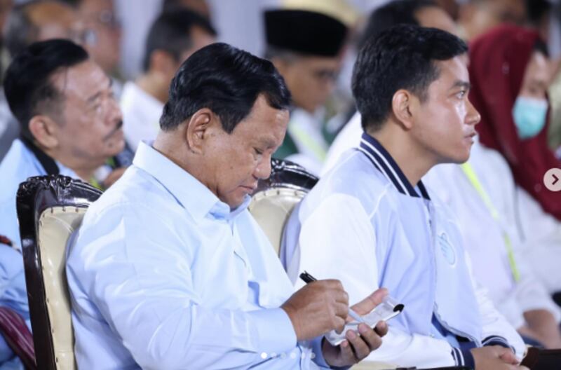 Indonesian presidential candidate and Defense Minister Prabowo Subianto (left) and running mate Gibran Rakabuming Raka attend an event organized by the Anti-Corruption Commission (KPK) in Jakarta, in a photograph posted on Instagram by the minister on Jan. 17, 2024. (Via Instagram/Prabowo)