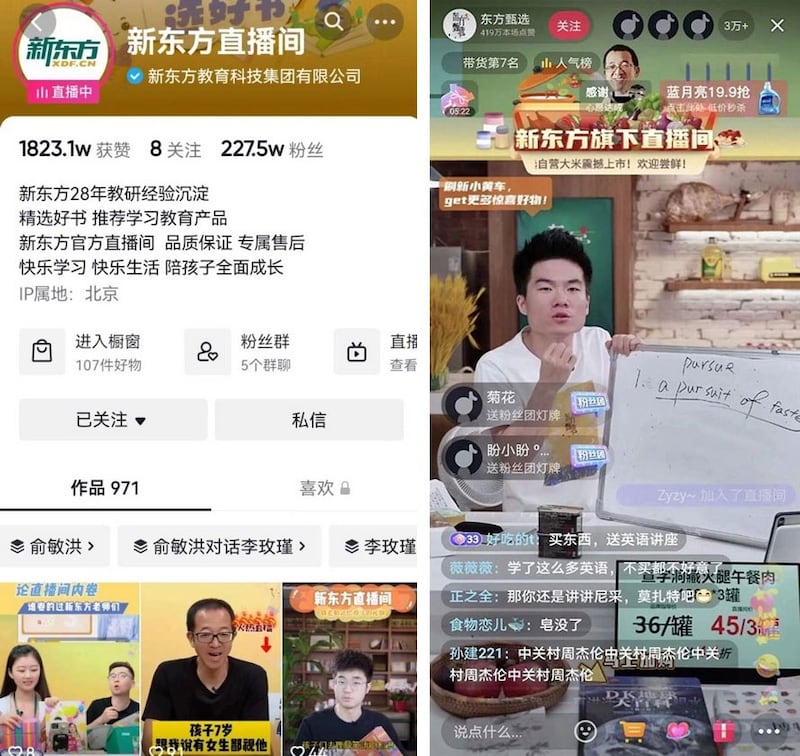 新东方利用网络视频直播平台抖音设立了名为“东方甄选”的帐号，以直播形式为各商家带货。(截图自直播)