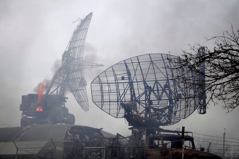 A view of damaged radar arrays and other equipment, at the Ukrainian military facility outside Mariupol, Ukraine, Thursday, Feb. 24, 2022 – the day that Russia launched a massive invasion of the neighboring country. Credit: AP