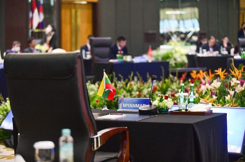 The Myanmar representative desk is seen empty during the Special ASEAN Foreign Ministers' Meeting at the ASEAN secretariat building in Jakarta, Oct. 27, 2022. Credit: Handout ASEAN via AFP