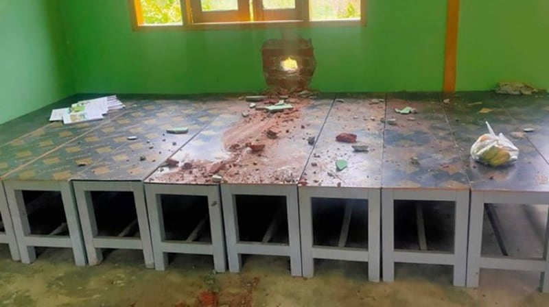 Damage to the wall of a school in Shu Khin Thar village, Kale township, Sagaing region is seen after an attack by Myanmar junta forces, May 5, 2023. Credit: Citizen journalist