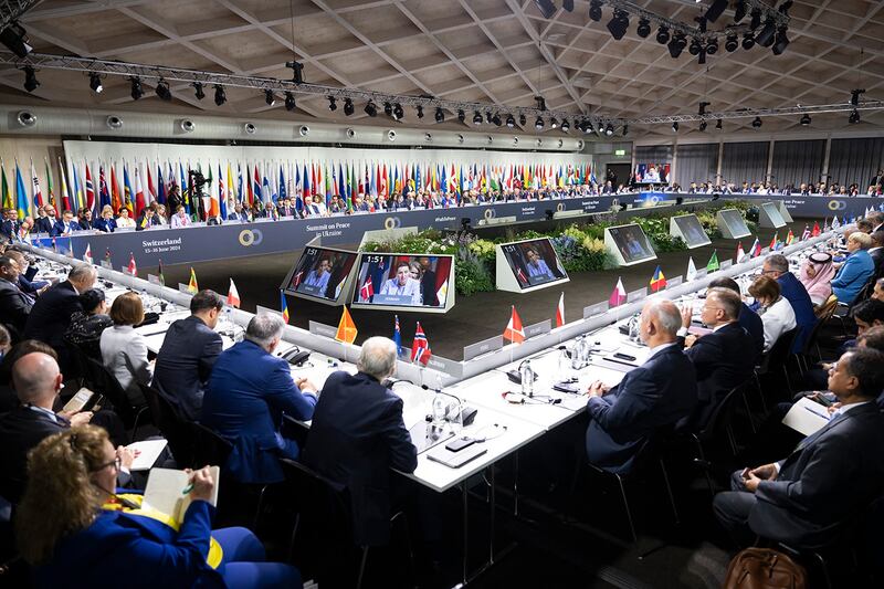 Heads of states and country representatives attend the plenary session of the Ukraine peace at the Burgenstock resort near Lucerne, Switzerland, June 15, 2024. (Urs Flueffer/Pool via AFP)