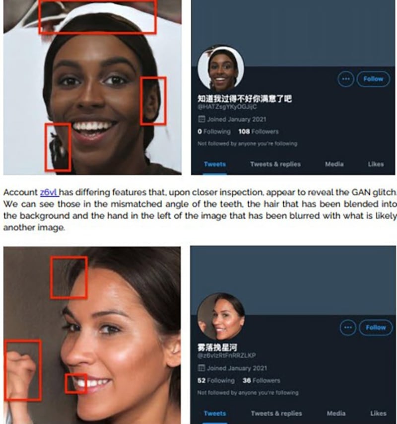 用人工智能生成的“假人”图像，眼睛对齐，且出现细节瑕疵。（Centre for Information Resilience）