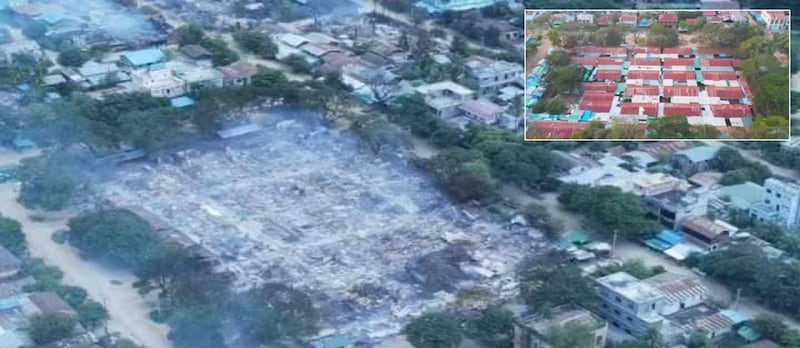 Approximately 250 shops in the Tin Tein Yan village market were destroyed. The inset photo shows the market before the attack. Credit: Citizen journalist