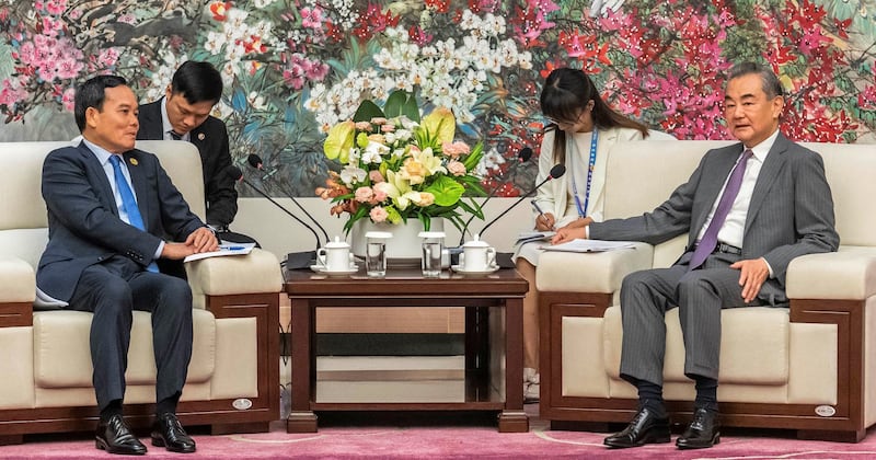 China's acting foreign minister, Wang Yi, meets with Vietnam Deputy Prime Minister Tran Luu Quang in Kunming, southwest China's Yunnan province, Aug. 16, 2023. Yi reminded the deputy prime minister that socialism must remain the foundation of Vietnamese foreign policy. Credit: Hu Chao/Xinhua via Getty Images