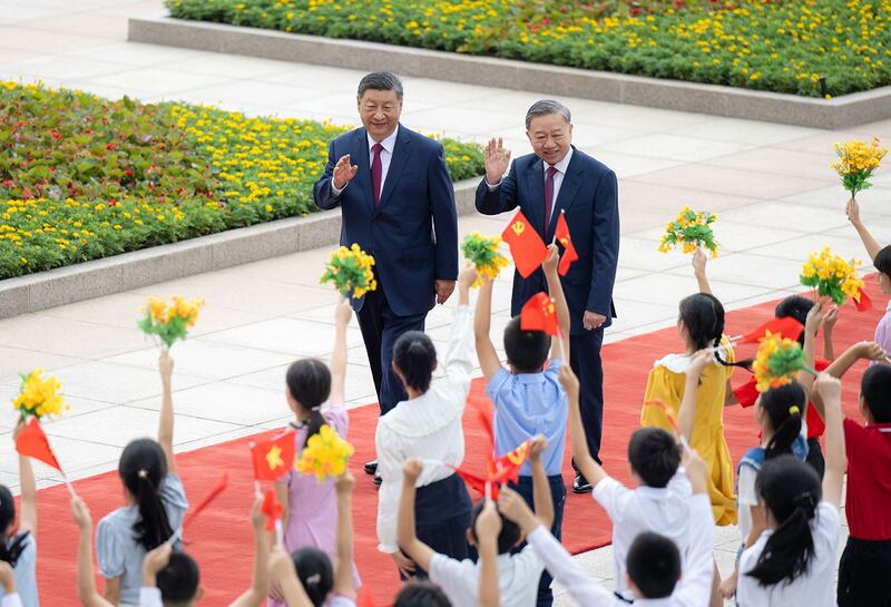 China's President Xi Jinping holds a welcome ceremony for To Lam, general secretary of the Communist Party of Vietnam,in Beijing, Aug. 19, 2024. (Zhai Jianlan/Xinhua via Getty Images)