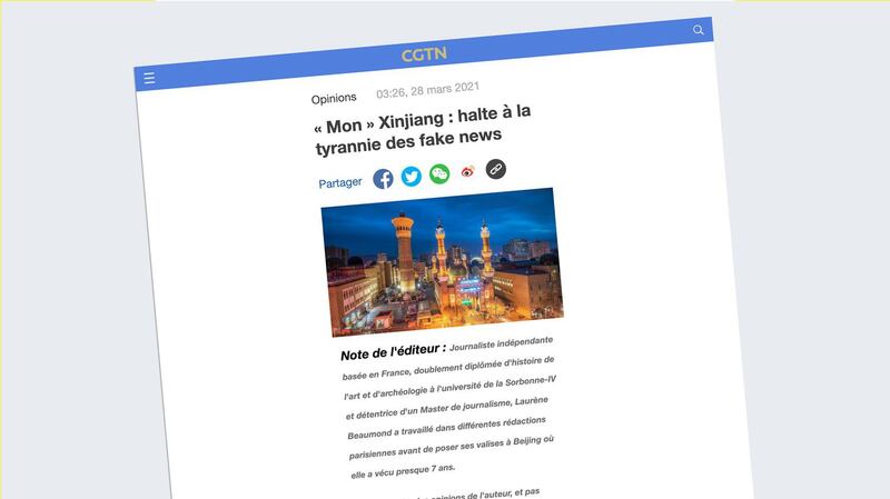 中国环球电视网（CGTN）刊登假记者波孟（Laurène Beaumond）文章