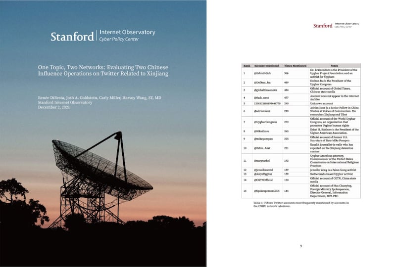 图说：另一份同样由斯坦福大学发表的报告，反而指证中国在新疆议题上以大量假帐号带风向。(报告封面及本文截图)