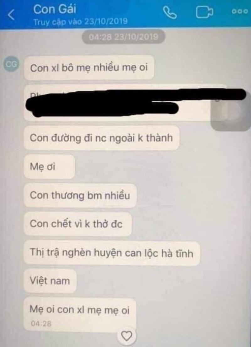 Tin nhắn của một nạn nhân gửi gia đình trên điện thoại