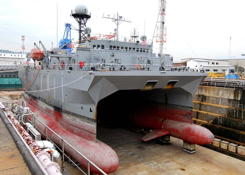 A file photo of Military Sealift Command ocean surveillance ship USNS Effective sitting in dry dock at Yokosuka, Japan, Sept. 14, 2007. Effective is one of six MSC ocean surveillance ships and one of 24 MSC special mission ships. Credit: U.S. Navy