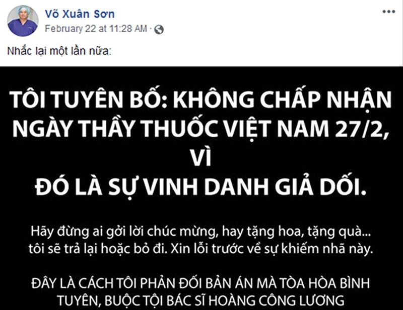 Một tuyên bố của Bác sĩ Võ Xuân Sơn đăng tải trên tài khoản Facebook của ông. 