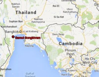 Vị trí tỉnh Samut Songkhram nằm bên Vịnh Thái Lan. Google maps