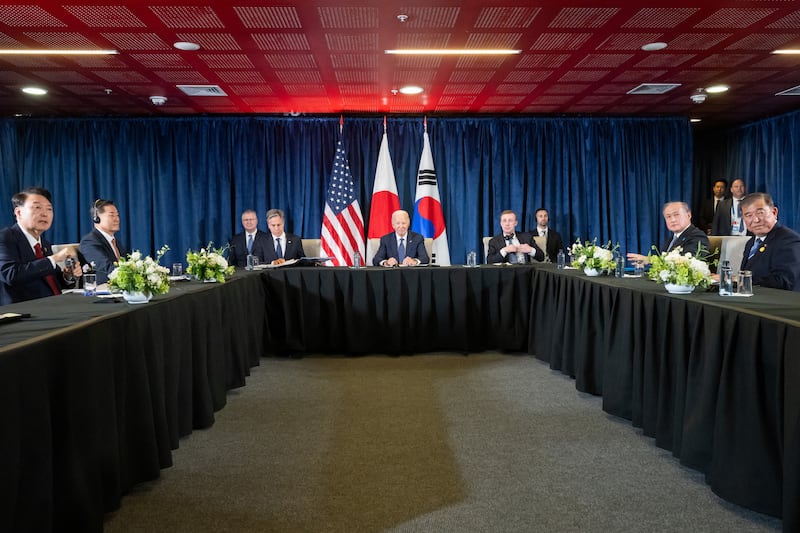 US President Joe Biden, Japanese Prime Minister Shigeru Ishiba and South Korean President Yoon Suk Yeol participate in a trilateral meeting on the sideline of the APEC summit in Lima, Peru, Nov. 15, 2024.