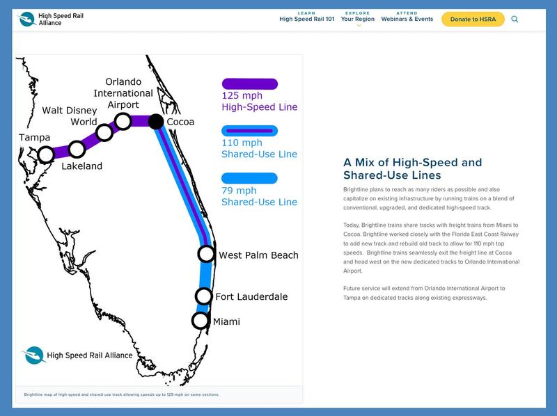 美国佛罗里达州“光明线”陆续开通铁路线，运行速度有所不同，最高时速可达125英里（201公里）。图取自“高速铁路联盟”（High Speed Rail Alliance）网站