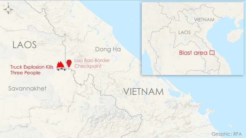 A map shows where a truck explosion occurred near the Lao-Vietnam border in Laos' Savannakhet province on Dec. 3, 2020.