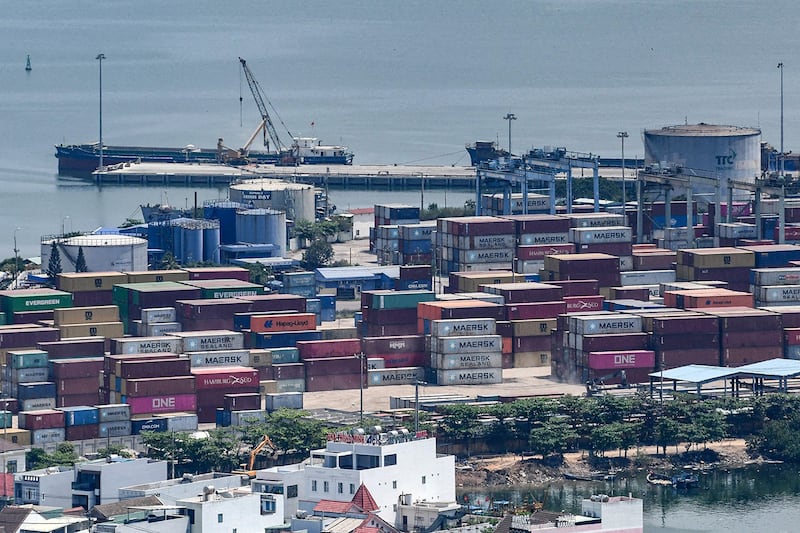 Cargo containers are seen in Quy Nhon port in Vietnam's Binh Dinh province on March 29, 2024. (Tran Thi Minh Ha/AFP)