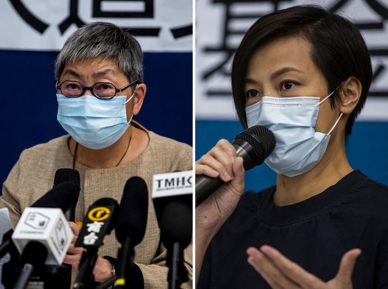 This combination of file pictures shows barrister Margaret Ng (L) and singer Denise Ho (R) speaking at a press conference in Hong Kong, Aug. 18, 2021. Ng and Ho were two of six current and former staff of local news outlet Stand News arrested, Dec. 29, 2021 by Hong Kong authorities. Credit: AFP