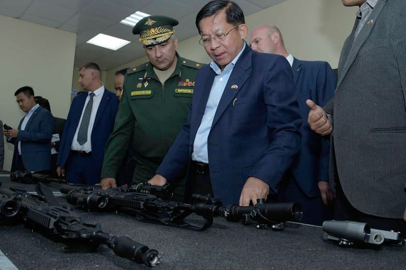 Senior General Min Aung Hlaing and his delegation view military equipment at the Higher Military Command School in Novosibirsk, Russia, July 16, 2022.