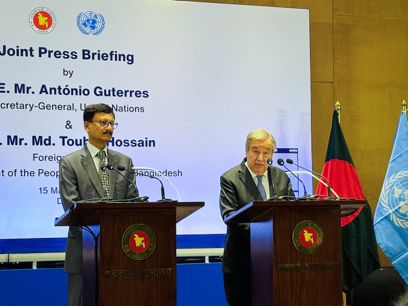 United Nations Secretary-General António Guterres and Bangladesh Foreign Adviser Md. Touhid Hossain speak to reporters in Dhaka, March 15, 2025.