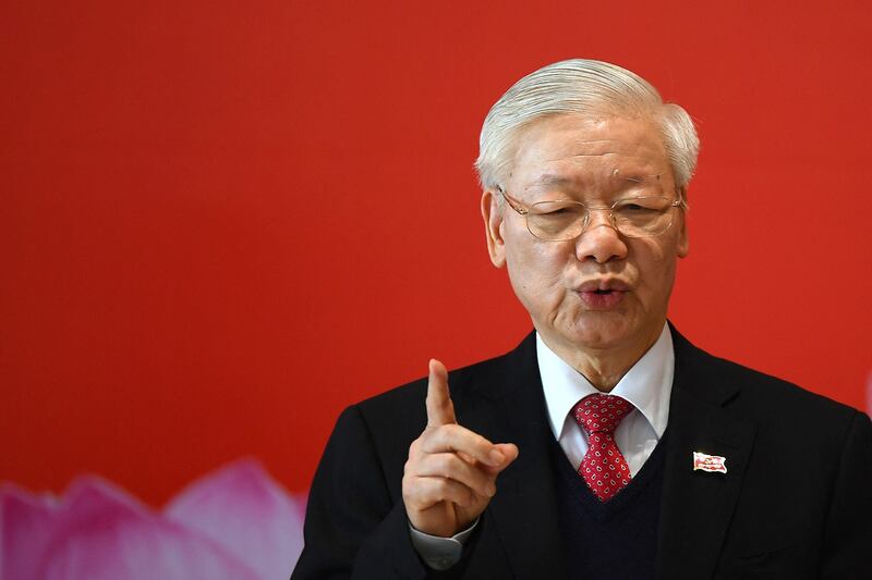 Vietnam's Communist Party General Secretary Nguyen Phu Trong addresses a press conference after the closing ceremony of the Communist Party of Vietnam 13th National Congress in Hanoi on Feb. 1, 2021. (Manan Vatsyayana/AFP)