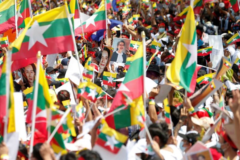 Myanmar citizens living in Thailand protest against the military coup in front of the United Nations office in Bangkok, March 7, 2021. (Soe Zeya Tun/Reuters)