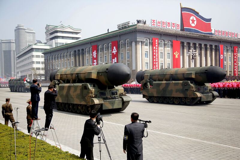 In this April 15, 2017, file photo, missiles believed to be the Pukguksong 2 are displayed in Kim Il Sung Square in Pyongyang.